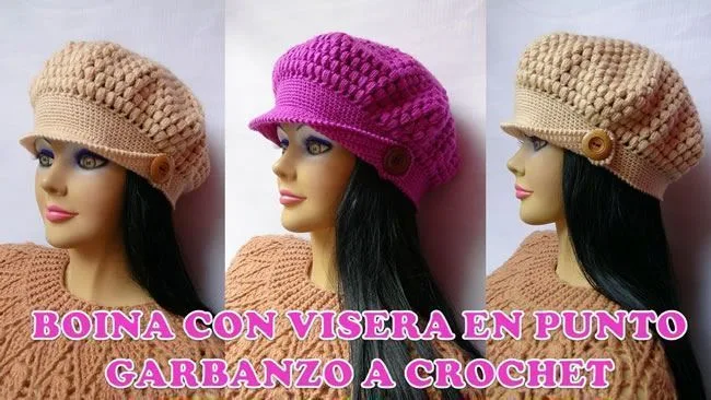 DIY Boina a crochet con visera punto garbanzo